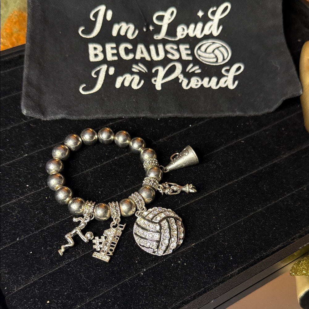 Silver Volleyball Charm Bracelet and pouch